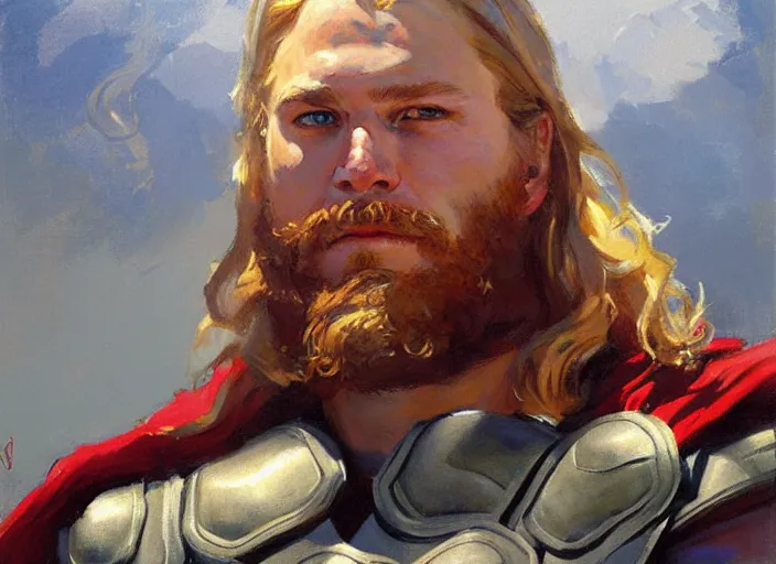 Image similar to a highly detailed beautiful portrait of thor, by gregory manchess, james gurney, james jean