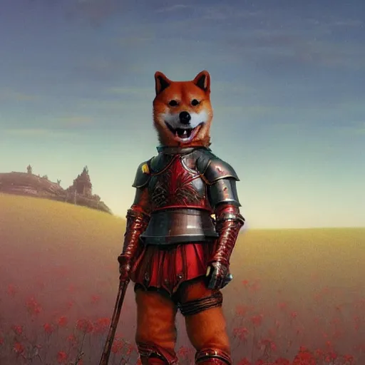 Prompt: anthropomorphic shiba inu, knight red armor, standing on hill of dead enemies, stuning fantasy 3 d render, masterpiece, glowing dark aura, by donato giancola and greg rutkowski and wayne barlow and zdzisław beksinski, realistic face