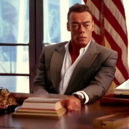 Prompt: Jean CLAUDE Van Damme starring as Donald Trump, full screen shot, cinematic still