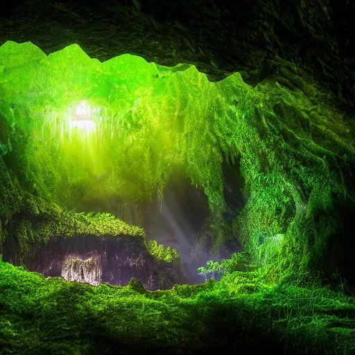 Image similar to a professional photograph of a glowing cave hidden by a curtain of vines and hidden by lush green vines, small pool of water, trickling water, stone, hidden, forest, night, glow, magical, magic, fantasy, high quality, highly detailed, award-winning, awe-inspiring, spectacular, HD, 4K, 8K