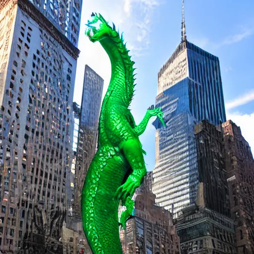 Prompt: real life photo of a large glass statue of a dragon in the middle of new york, light shining through it