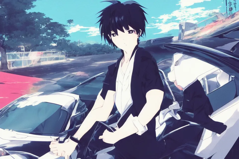 Image similar to aesthetic anime portrait illustration of ryosuke takahashi with black hair, dark blue shirt and white pants, standing by his white glossy mazda rx 7 on an empty highway at sunrise, cinematic lighting, initial d anime 1 0 8 0 p, 9 0 s anime aesthetic, volumetric lights, rule of thirds, unreal engine 5 render, pinterest wallpaper, trending on artstation