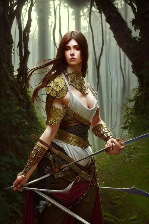 Prompt: beautiful digital painting of a stylish medieval female warrior forest with high detail, 8 k, stunning detail, works by artgerm, greg rutkowski and alphonse mucha, unreal engine 5, 4 k uhd