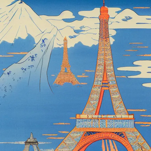 Prompt: Paris with the Eiffel tower with a blue sky in Hokusai style