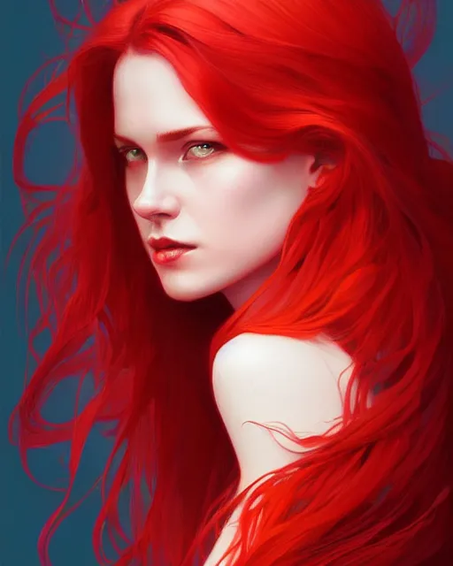 Image similar to emily rajtkowski, lake, red, flaming hair, highly detailed, digital painting, artstation, concept art, smooth, sharp focus, illustration, art by artgerm and greg rutkowski and alphonse mucha