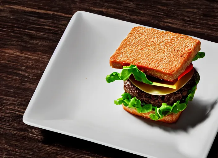 Prompt: dslr food photograph of a square hamburger, 8 5 mm f 1. 8