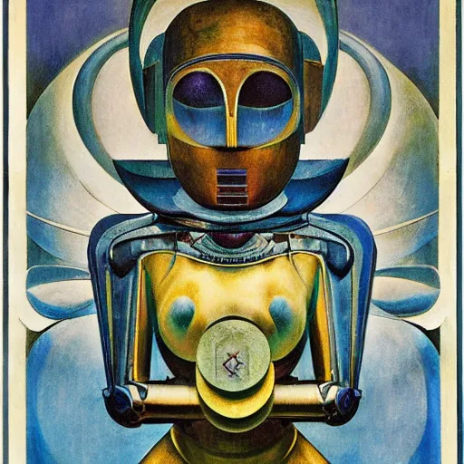 Image similar to the robot in her mechanical mask, by annie swynnerton and diego rivera and leo and diane dillon, symbolist, dramatic lighting, elaborate geometric ornament, art brut, god rays, soft cool colors, smooth, sharp focus, extremely detailed, adolf wolfli