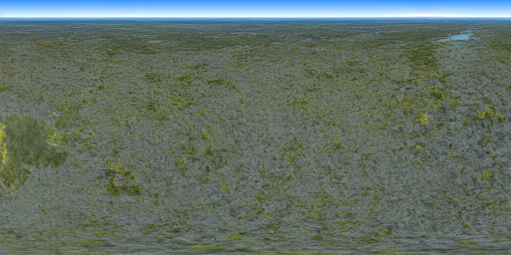 Prompt: high quality aerial 360 ° image in a equirectangular projection of a swamp with a promontory the horizon