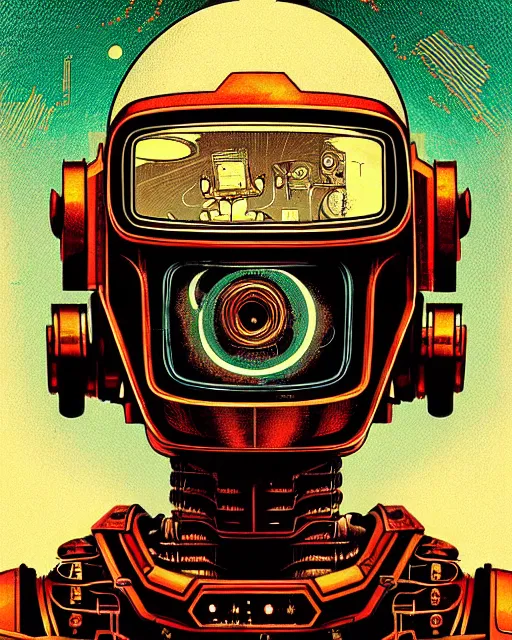 Prompt: robot, character portrait, portrait, close up, concept art, intricate details, highly detailed, vintage sci - fi poster, retro future, in the style of katsuhiro otomo