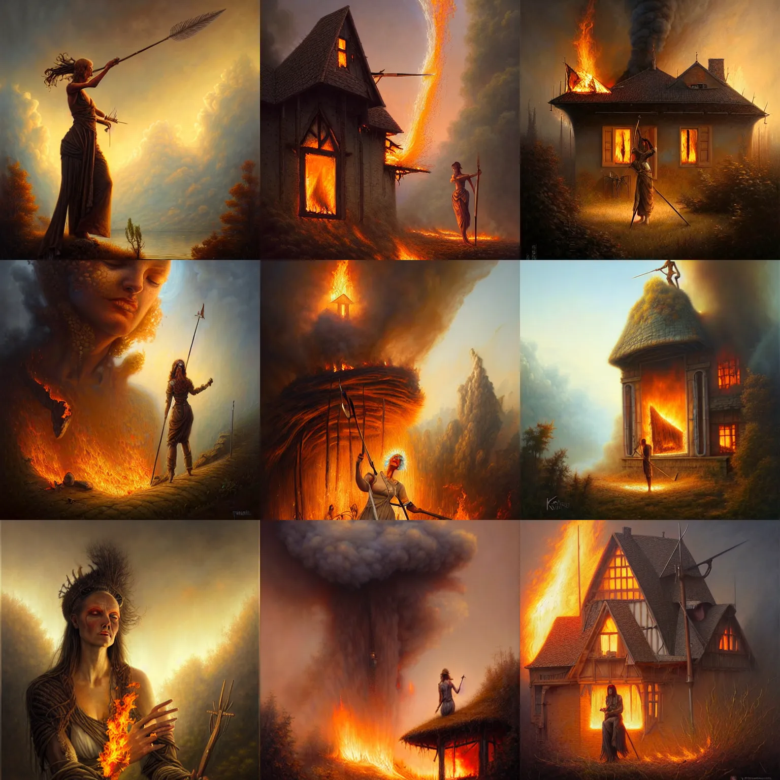 Prompt: a woman holding a spear watching a house on fire , ultra detailed, by Tomasz Alen Kopera and Peter Mohrbacher
