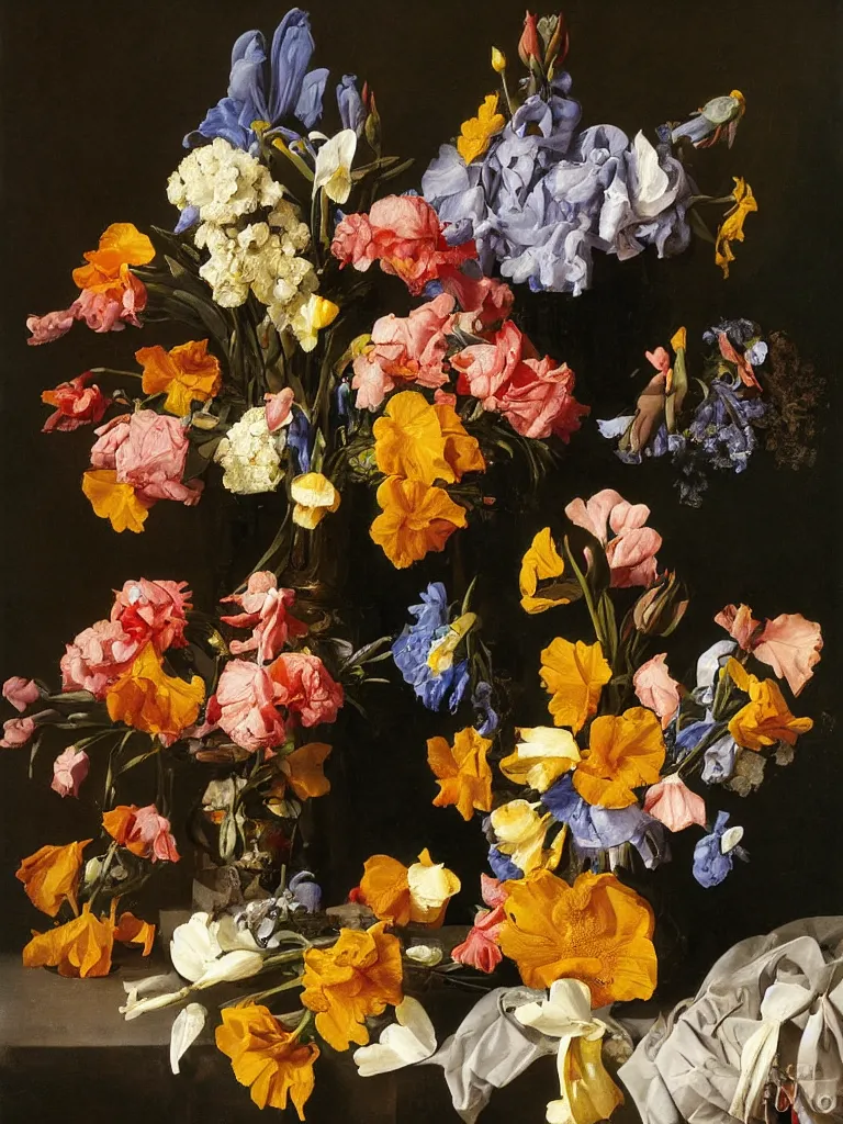 Prompt: painting, Dutch style, old masters, Jan Davidszoon de Heem, still life with flowers, lego, iris, marigold, rose, lilies, butterfly,