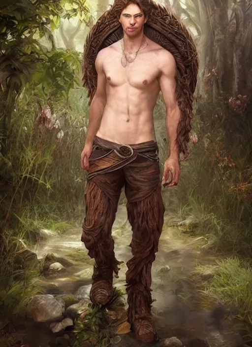 Image similar to a relaxed gorgeous male druid in a sleeveless west, short brown hair, stringy, full body, 8 k, hyperrealistic, hyperdetailed, fantasy portrait by laura sava