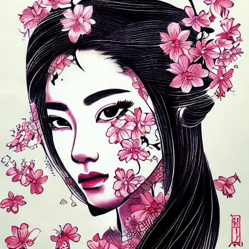 Image similar to tattoo design, stencil, traditional Japanese, beautiful portrait of a girl surrounded by flowers by artgerm, artgerm, digital art