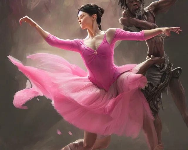 Prompt: photography of samuel l jackson dancing in a pink ballerina outfit, epic dance pose, full body shot, deep focus, d & d and mtg, fantasy, intricate, elegant, highly detailed, digital painting, artstation, concept art, matte, sharp focus, illustration, hearthstone, art by artgerm and greg rutkowski and alphonse mucha