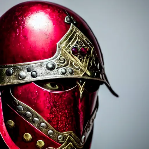 Prompt: photo of a real-life beautiful warrior with ruby encrusted armour