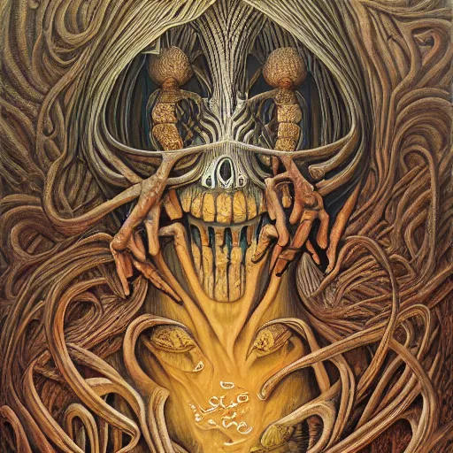 Image similar to HER AFTER LIFE by jacek yerka, alex gray, zdzisław beksiński, dariusz zawadzki, jeffrey smith and h.r. giger, oil on canvas, 8k highly professionally detailed, trending on artstation