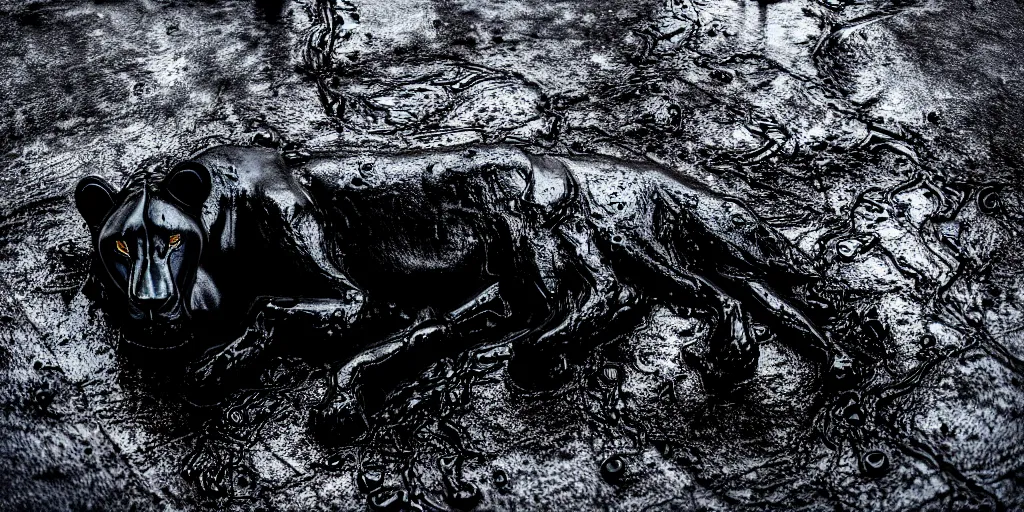 Prompt: the black lioness made of ferrofluid, laying on their back, dripping tar, drooling goo, covered in slime, sticky black goo, bathing in the pit filled with tar, dripping goo, sticky black goo. photography, dslr, reflections, black goo, rim lighting, cinematic light, tar pit, chromatic, saturated, slime