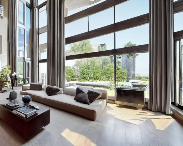 Image similar to a modern style living room in a big mansion next to a giant window overlooking the pool, 8 k resolution, sharp focus, wide lens, interior design photography, ray tracing