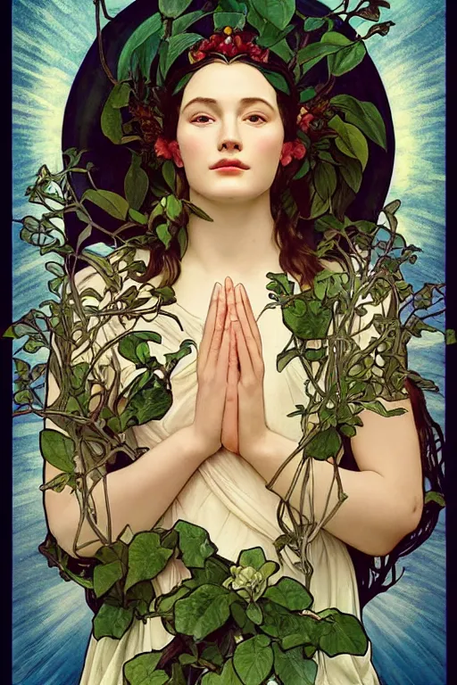 Image similar to a goddess of magnolia a queen of the garden, meditating! with a beautiful symmetrical face!!! cinematic lightning, isolated, studio lighting by alphonse mucha and tom bagshaw