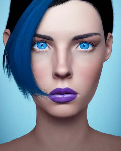 Image similar to realistic portrait of woman with black hair and blue eyes while she's sad, ultra realistic, 8k