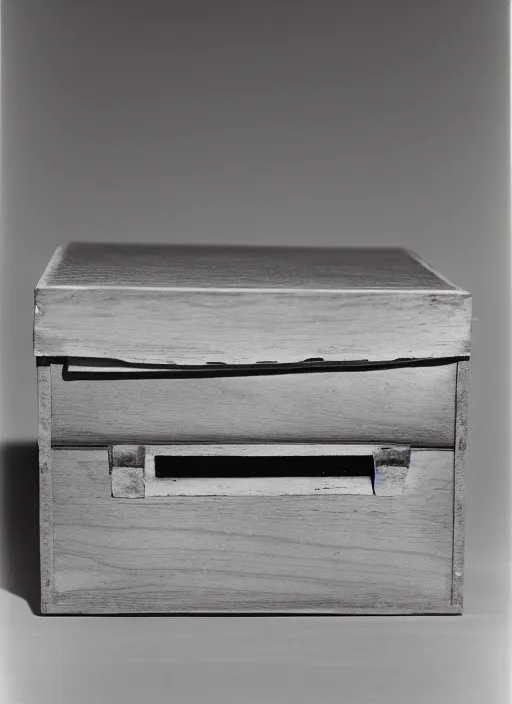 Prompt: realistic photo of cloud in a wooden box, front view, grain 1 9 9 0, life magazine reportage photo, metropolitan museum photo