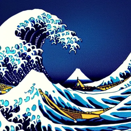 Image similar to cyberpunk great wave off kanagawa, matte, shiny waves, refractions, soft light, neon, studio ghibli