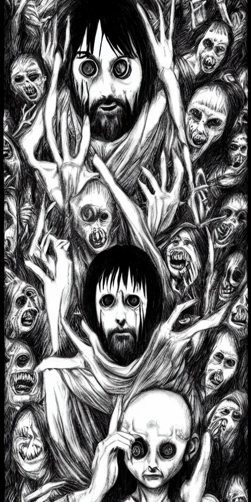 Prompt: Jesus, horror, creepy, dark, manga, pencil, inspired by junji ito, superior quality, masterpiece