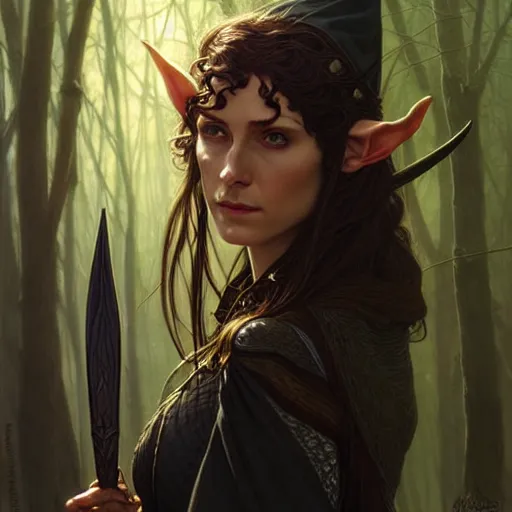 Prompt: portrait of a elven ranger, dark, piercing eyes, gentle expression, witchy clothing, photorealistic, highly detailed, artstation, smooth, sharp focus, art by michael whelan, artgerm, greg rutkowski and alphonse mucha