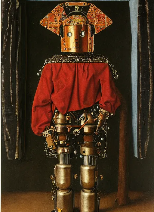 Image similar to a portrait of a warrior robot by Jan van Eyck