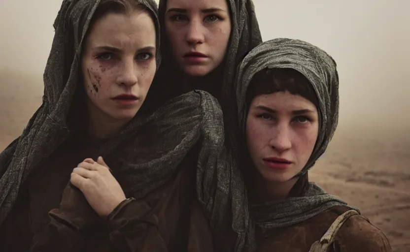 Image similar to cinestill 5 0 d photographic portrait by helen levitt of two loving female androids wearing rugged black mesh techwear on a desolate plain, extreme closeup, modern cyberpunk, dust storm, 8 k, hd, high resolution, 3 5 mm, f / 3 2, ultra realistic faces, ex machina