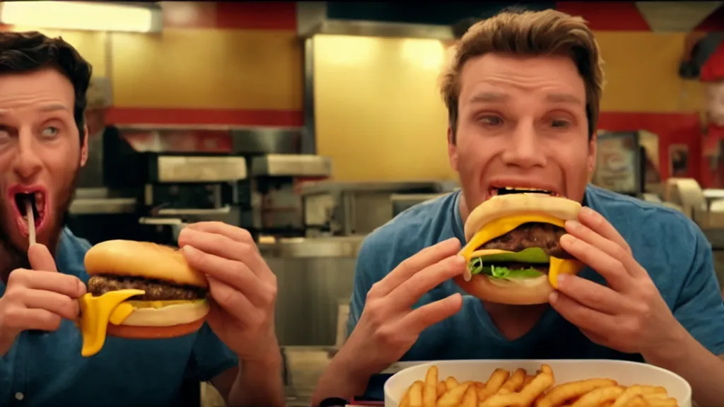 Image similar to the strange creature eats a cheeseburger, at the fast food restaurant, television commercial, directed by david cronenberg studio lighting, extremely professional