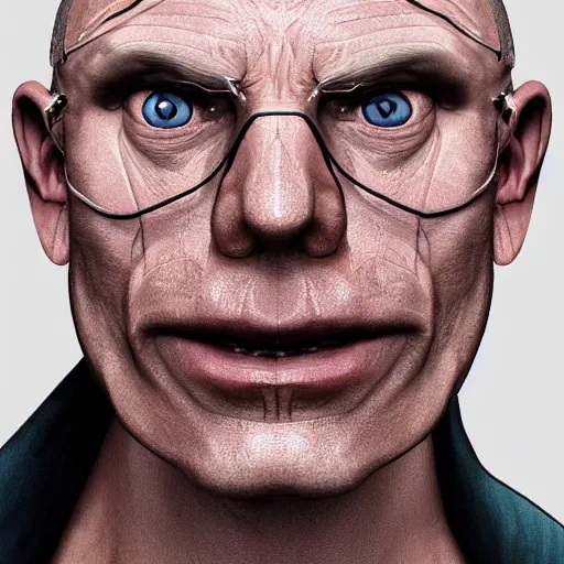 Image similar to A middle-aged Dr. Venture in real life with a hooked nose, a long gaunt face and skinny body and neck, very thin and bald, realistic, very realistic, hyperrealistic, highly detailed, very detailed, extremely detailed, detailed, digital art, oil painting, trending on artstation, headshot and bodyshot, detailed face, very detailed face, extremely detailed face, HD Quality, 8k resolution, very very detailed face, real life