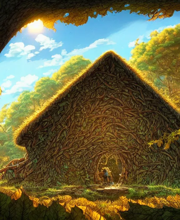 Image similar to a mammoth schoolhouse made from leaves, overgrown with huge exotic fungus, deep in the woods, noon, sun drenched, partly cloudy, by dan mumford, yusuke murata, makoto shinkai, ross tran, cinematic, unreal engine, cel shaded, featured on artstation, pixiv