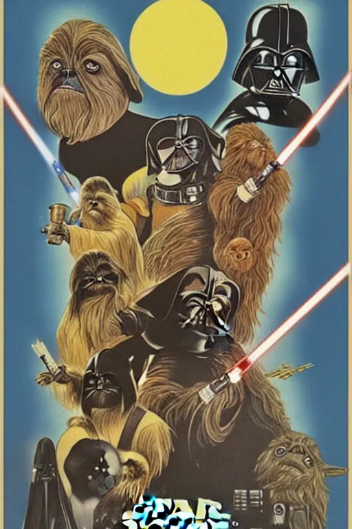 Image similar to vintage 1 9 7 7 star wars episode iv a new hope movie poster by tom jung, with pug droids, pug darth vader, and pugs instead of people