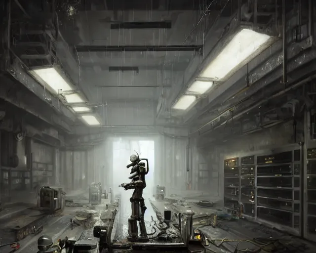 Image similar to gloomy ruined server room in datacenter robot figure automata rusty steel robot knight colossus welder posing pacing fixing soldering mono sharp focus, emitting diodes, smoke, artillery, sparks, racks, system unit, motherboard, by pascal blanche rutkowski repin artstation hyperrealism painting concept art of detailed character design matte painting, 4 k resolution blade runner