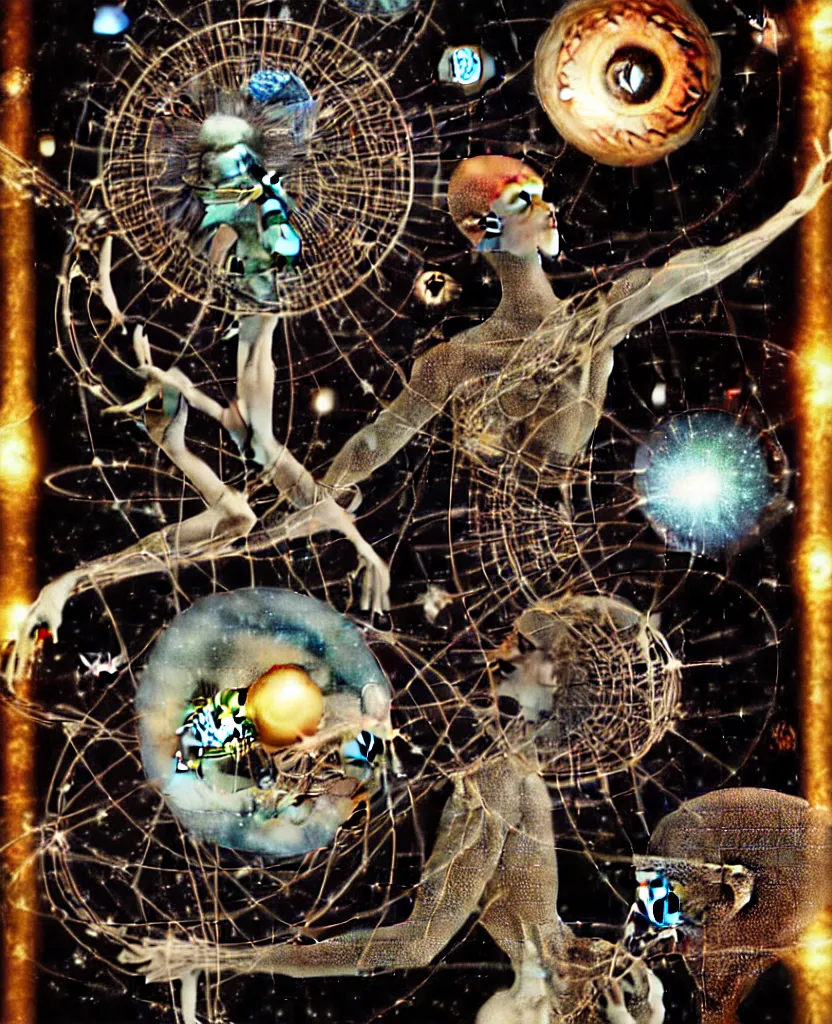 Prompt: inside the universe of a human body soul, whimsical uncanny creature alchemizes unique canto about'as above so below'being ignited by the spirit of haeckel and robert fludd, breakthrough is iminent, glory be to the magic within, to honor jupiter, surreal collage by ronny khalil