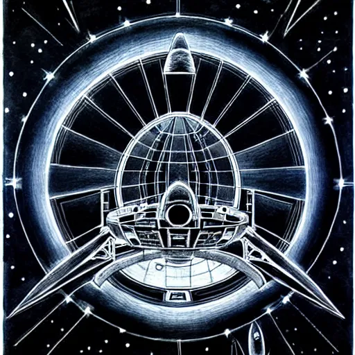 Prompt: starship enterprise, symmetry, black paper, by jean - baptiste monge