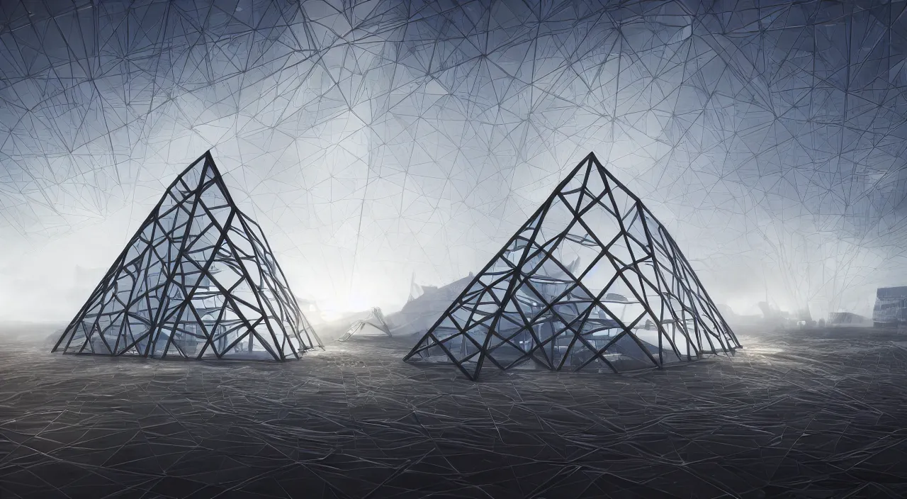 Image similar to ancient megastructure pyramid, parametric lattice structure by syd mead, photorealistic, zaha hadid, god rays, volumetric lighting, detailed, intricate, delicate, raytrace, octane, light fog, neon, bladerunner