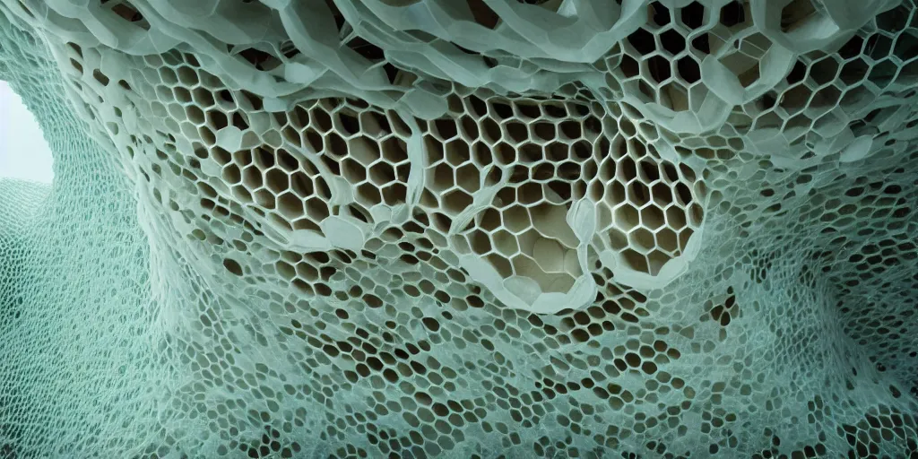 Image similar to biomorphic honeycomb building structure by ernesto neto, light - mint with light - pink color, 4 k, insanely quality, highly detailed, film still from the movie directed by denis villeneuve with art direction by zdzisław beksinski, telephoto lens, shallow depth of field