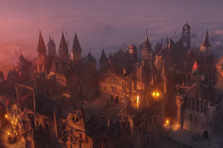 Image similar to medieval city with a huge castle in the center, red sun, top view, steampunk, mechanics, render, 8k, trending on artstation, volumetric light, lightrays, HDR, ambient occlusion, subsurface scattering, cinematic scene, steampunk style, fantasy