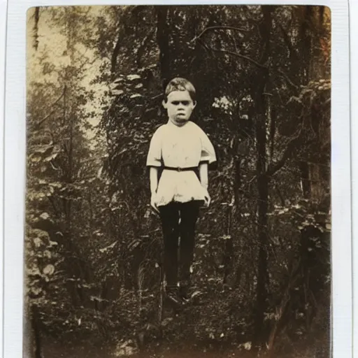 Image similar to Polaroid photo of Victorian child floating three feet above the ground in a thick forest