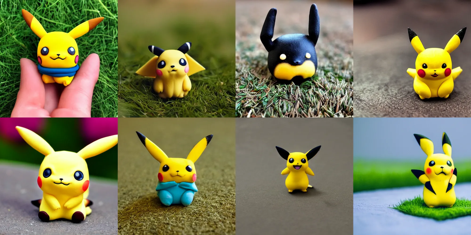 Prompt: the cutest little pikachu figurine made of polymer clay, photographed in real grass