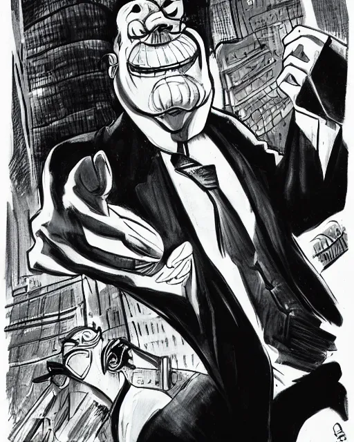 Prompt: portrait, center focus, sinister smug male antagonist in suit, uptown finance city street, artwork by ralph bakshi
