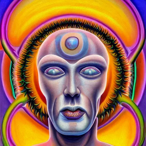 Image similar to Alex Grey painting of a lemon god, highly detailed, symmetrical, trending on artstation