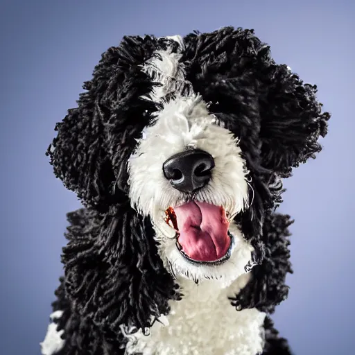 Image similar to a closeup photorealistic photograph of a smiling knitted bernedoodle judge dog dressed in a black gown, presiding over the courthouse. indoors, professional capture, well lit shot. this 4 k hd image is trending on artstation, featured on behance, well - rendered, extra crisp, features intricate detail, epic composition and the style of unreal engine.