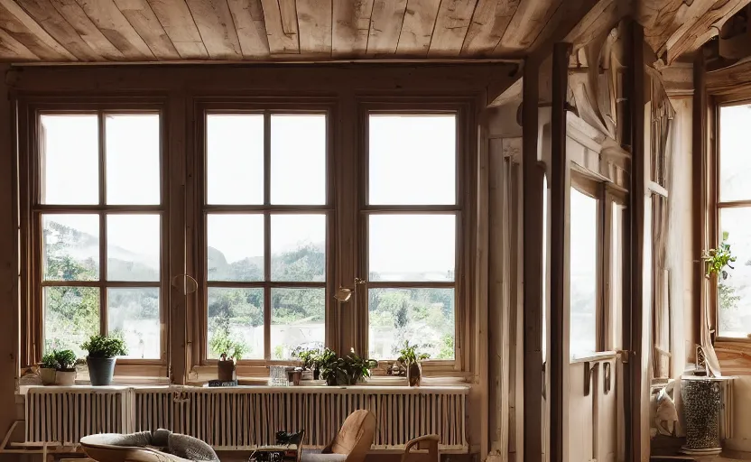 Prompt: interior design magazine photo of a big window with a wooden frame to sit on, great architecture, ambient light, ikea catalogue, 8k