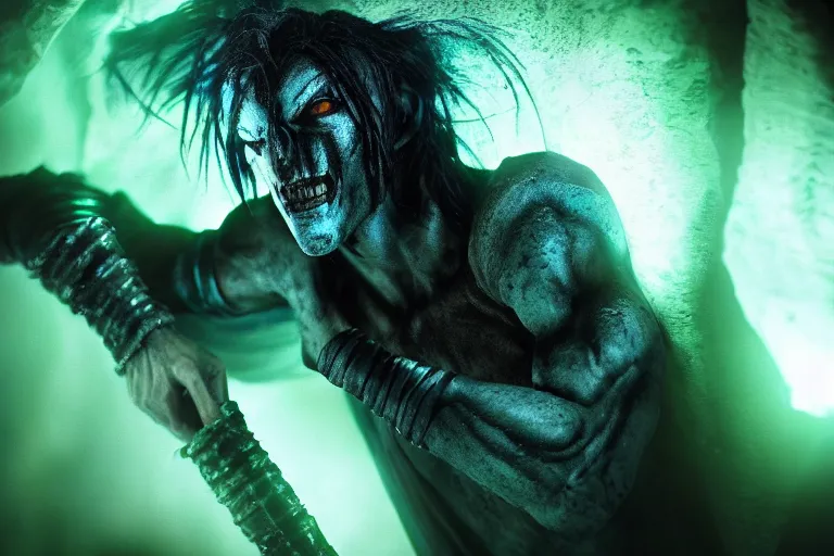 Image similar to vfx film, soul reaver, raziel irl, price of persia movie, missing jaw, hero pose, devouring magic souls, glowing green soul blade, in epic ancient sacred huge cave temple, flat color profile low - key lighting award winning photography arri alexa cinematography, hyper real photorealistic cinematic beautiful, atmospheric cool colorgrade