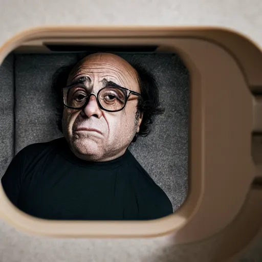 Image similar to danny devito hiding under a bed ( sony a 7 r iv, symmetric balance, polarizing filter, photolab, lightroom, 4 k, dolby vision, photography awardm, voque, perfect face )