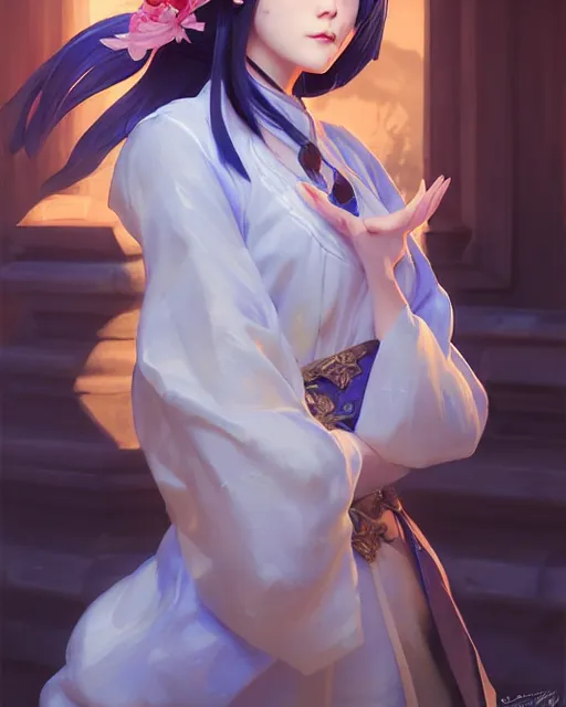 Prompt: onmyoji portrait, fine details. night setting. realistic shaded lighting poster by craig mullism, artgerm, jeremy lipkin and michael garmash, unreal engine, vibrant colors and hard shadows and strong rim light, light blue sky, cool white color temperature, radiant light, detailed and intricate environment, digital art