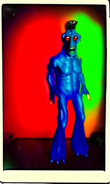 Image similar to colorful crystal gary busey creature, 9 0 s toy commercial, photo from the 7 0 s, horror lighting, neon lighting, polaroid photo,